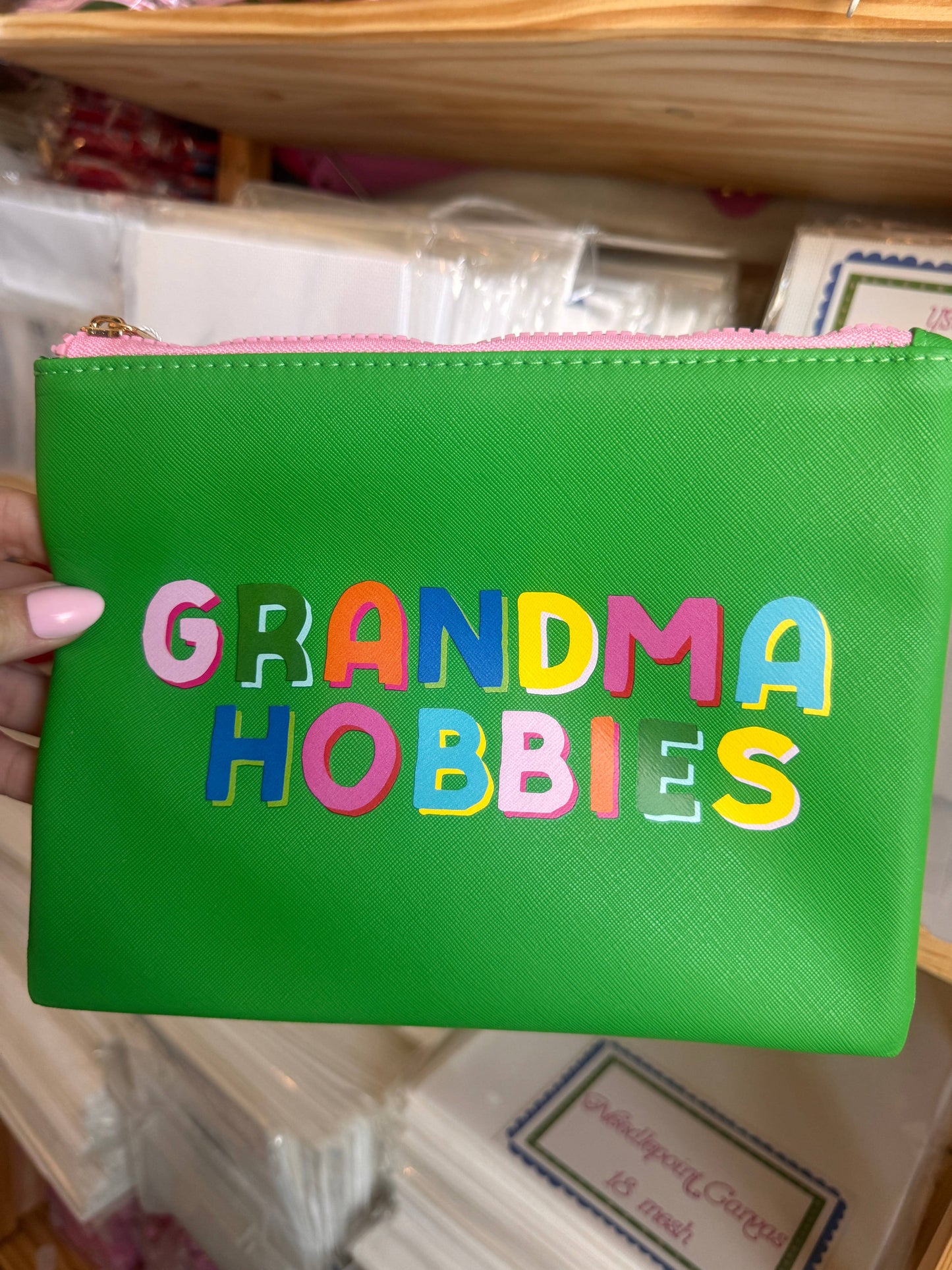 Grandma Hobby Green Leather Needlepoint Project Bag | Small